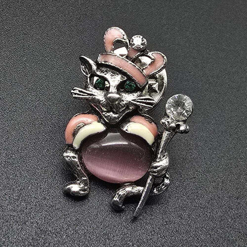 Pink Jelly Belly Queen Cat Pin Silver Tone Vintage 1990s Jewelry